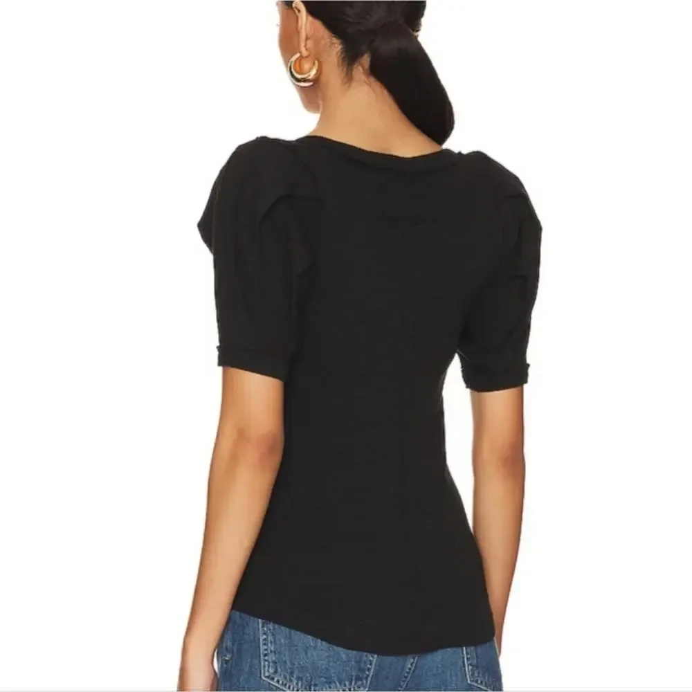 Free People Papaya Puff Sleeve Short Sleeve Knit Top Black NEW Womens XS